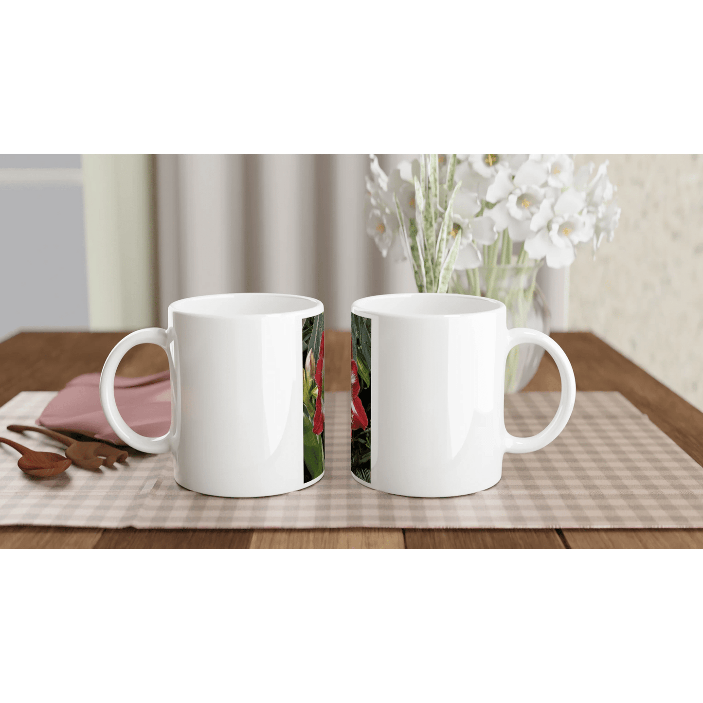 Amaryllis ceramic mug showcasing a glossy white finish with floral design on a side angle.