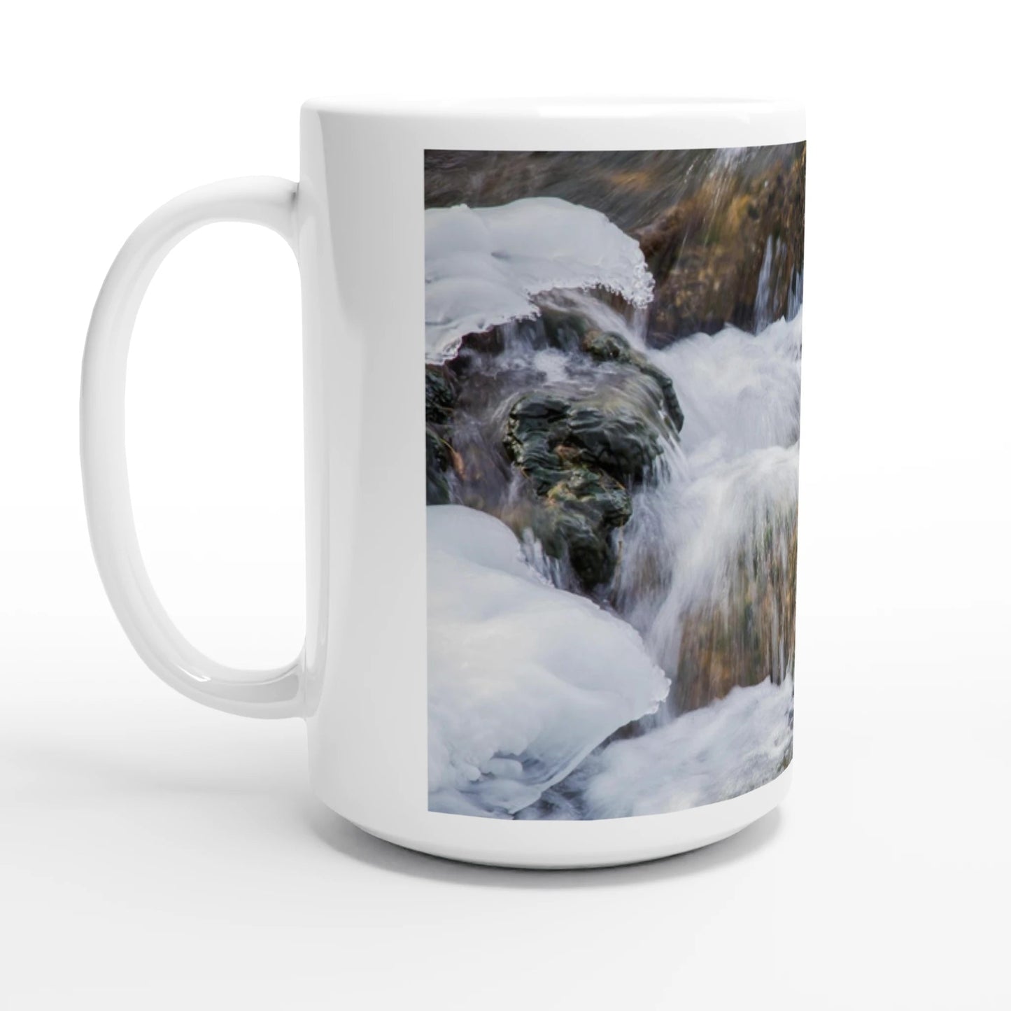 Big Hill Springs mug featuring a serene water scene captured on a white 15oz ceramic drinkware.