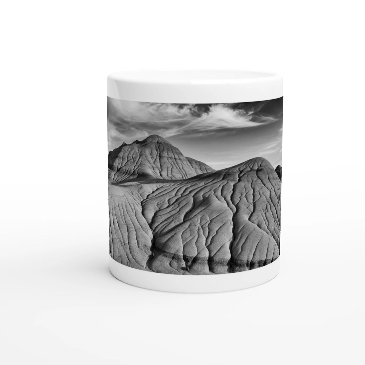 Black & white Dinosaur Provincial Park mug with scenic landscape design