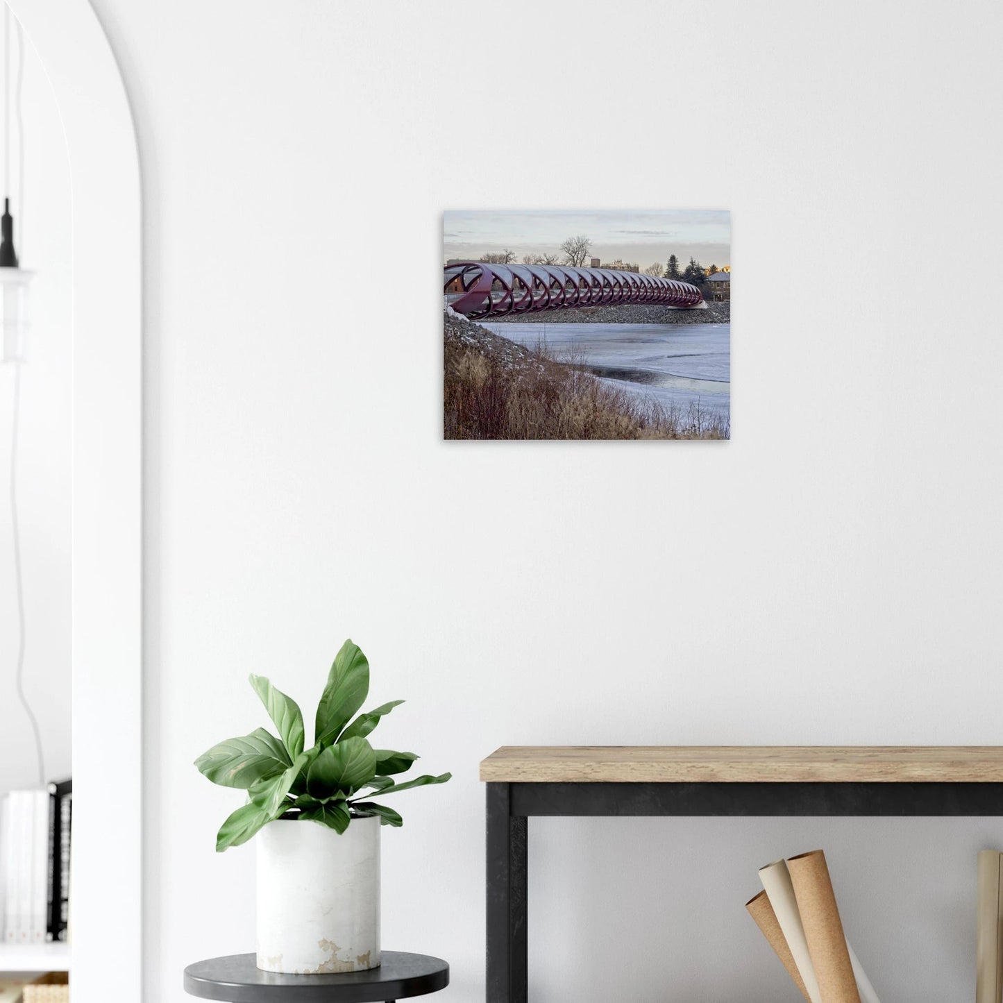 Peace Bridge Calgary poster featuring red modern architectural landmark