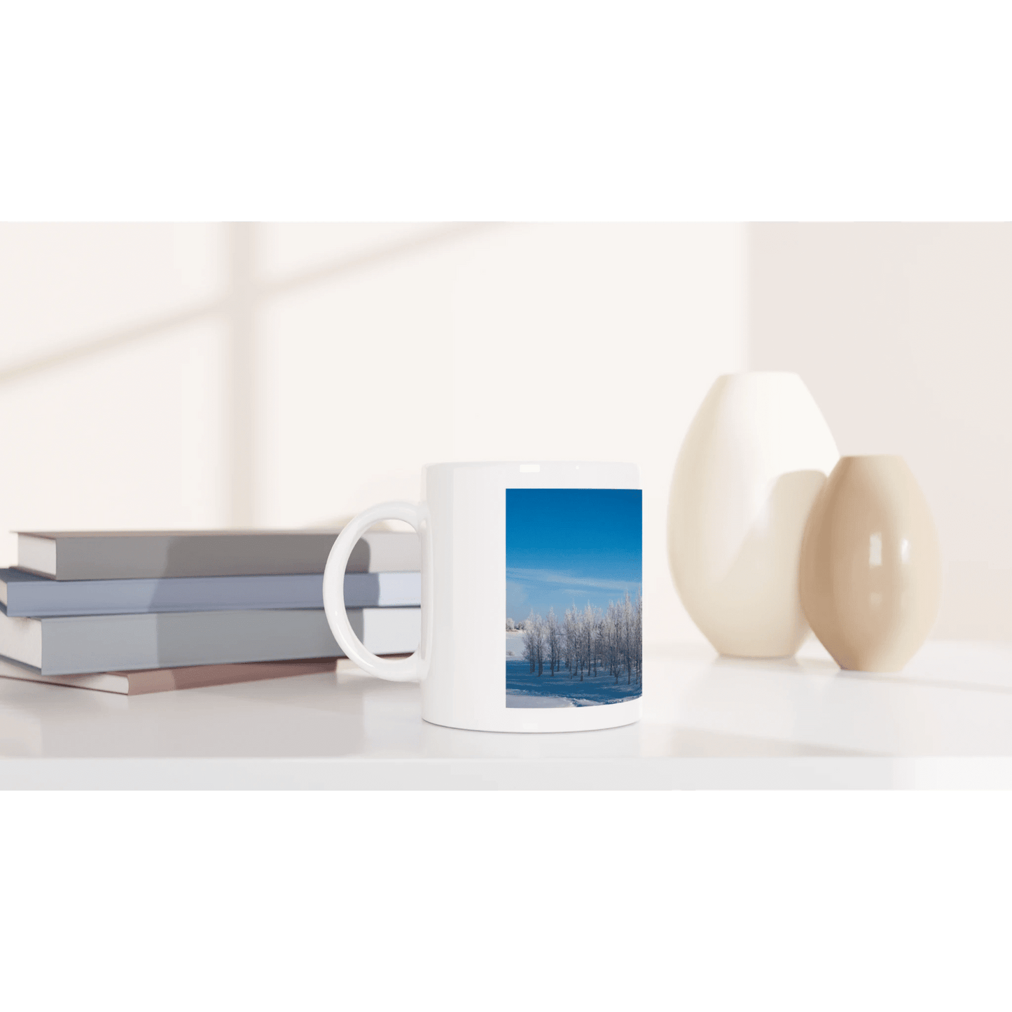 Snowy trees sunrise ceramic mug with winter landscape design