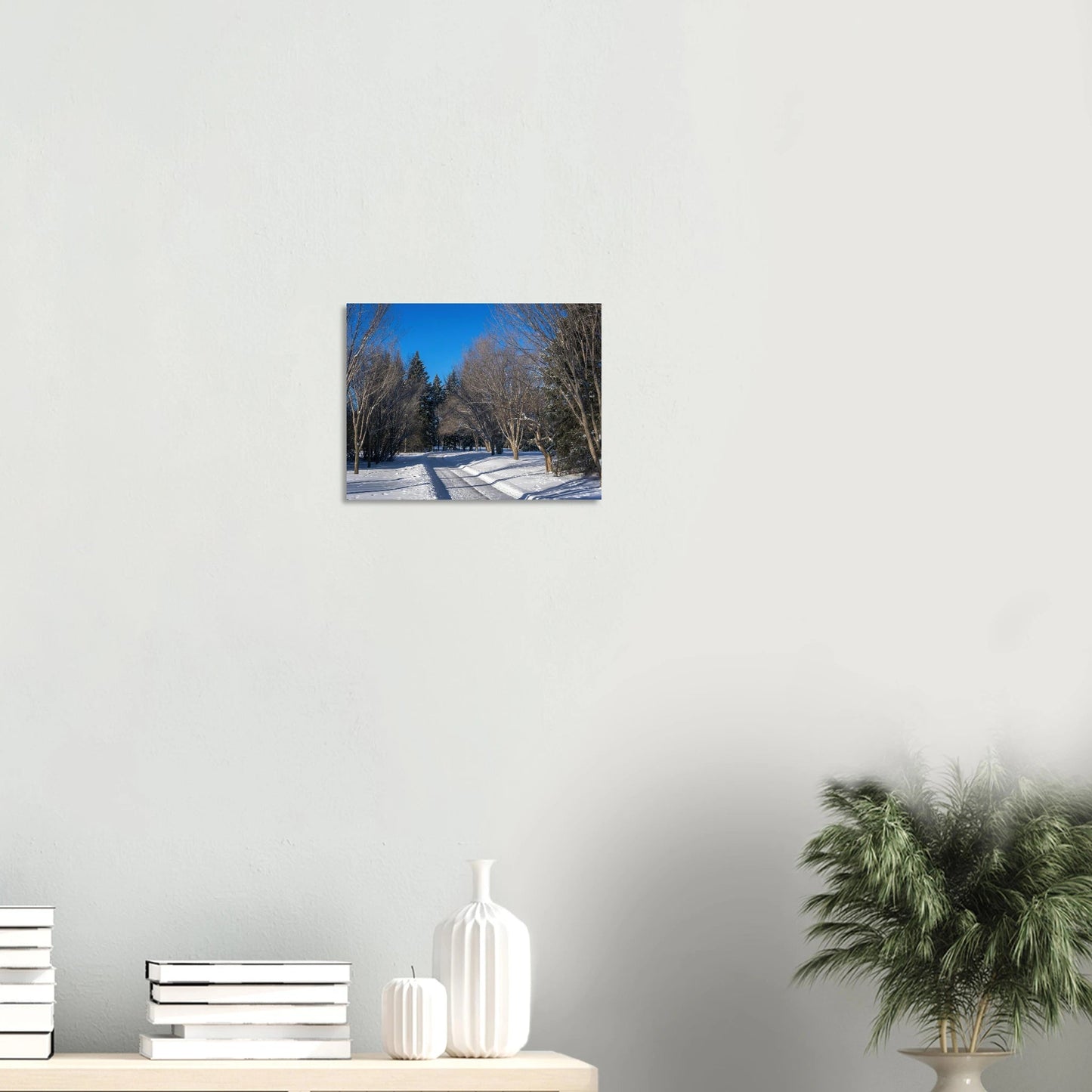 Winter Baker Park Calgary poster displayed in a modern home setting with a plant.