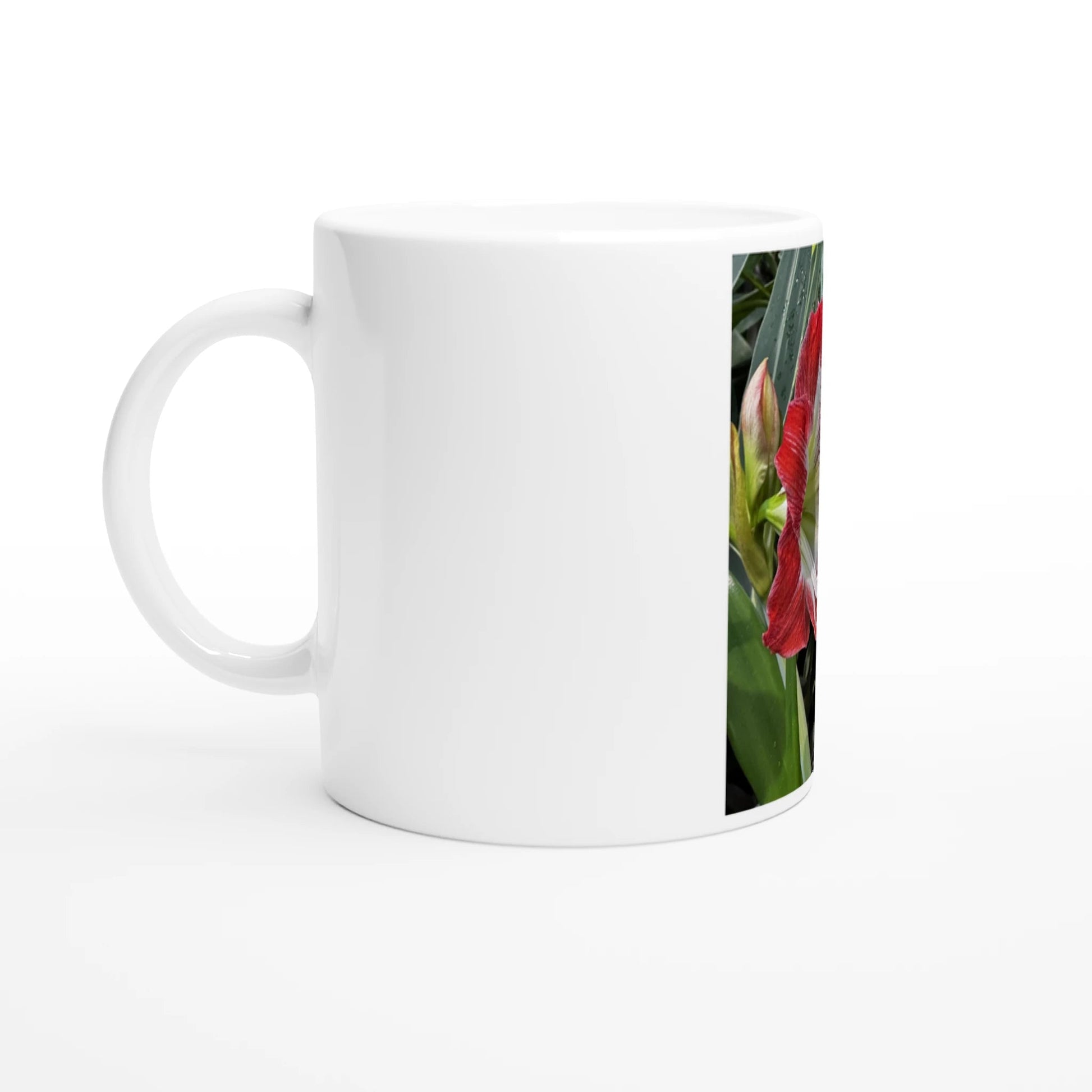 Amaryllis ceramic mug showcasing a glossy white finish with floral design on a side angle.