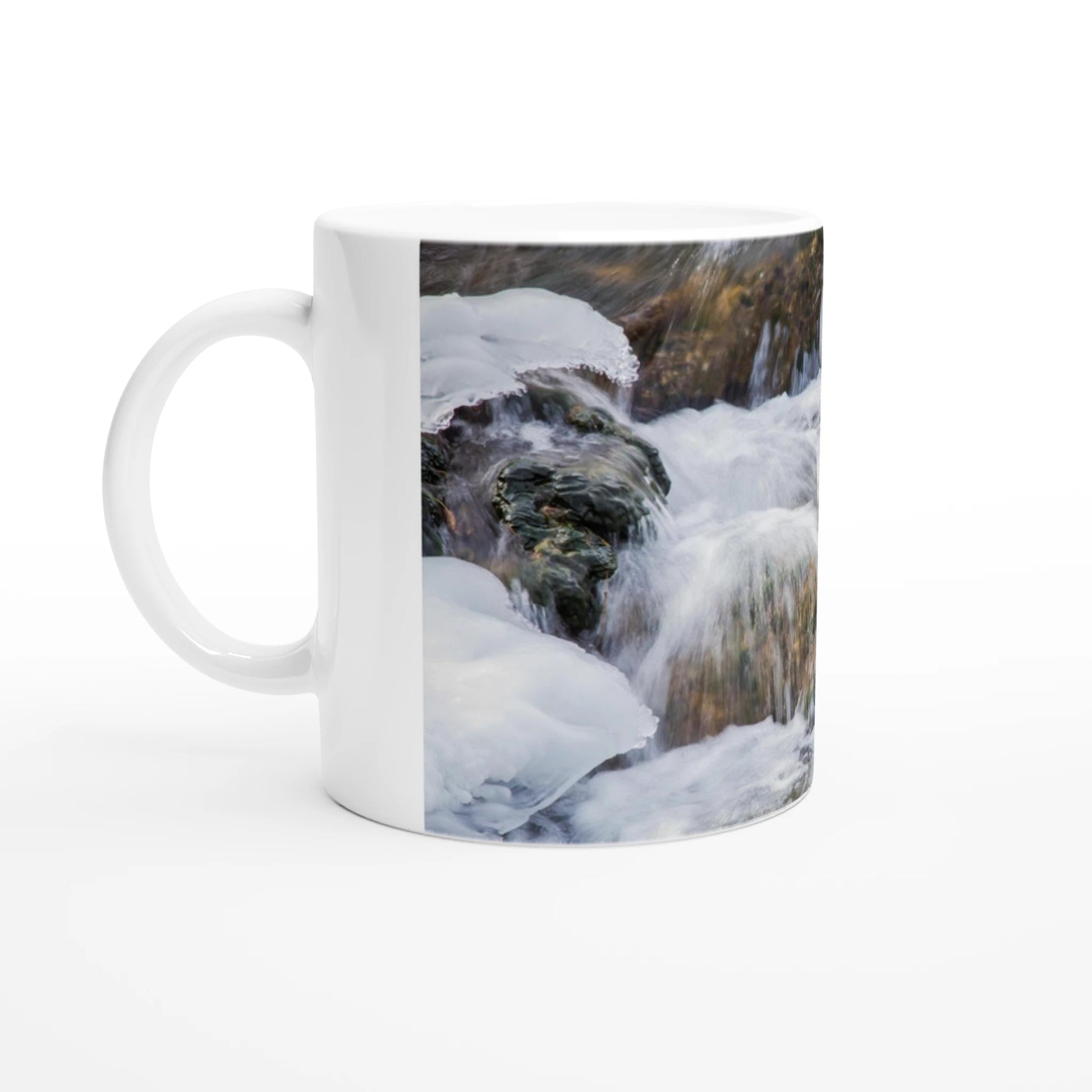 Big Hill Springs mug featuring a serene water scene captured on a white 15oz ceramic drinkware.