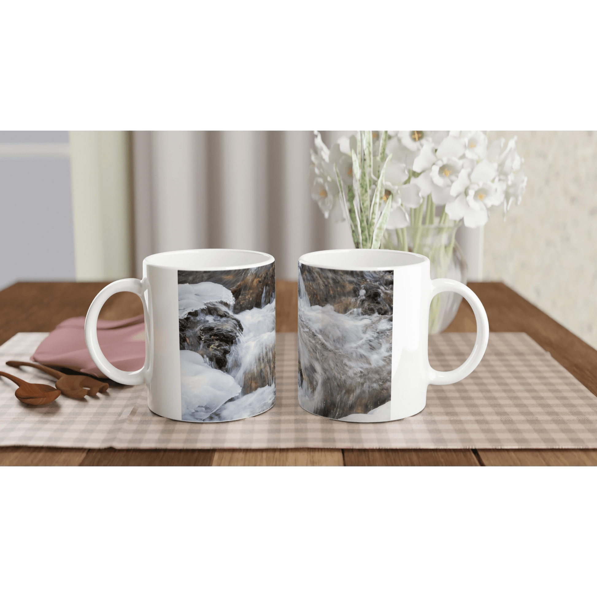 Big Hill Springs mug featuring a serene water scene captured on a white 15oz ceramic drinkware.