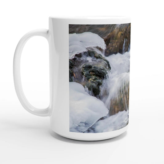 Big Hill Springs mug featuring a serene water scene captured on a white 15oz ceramic drinkware.