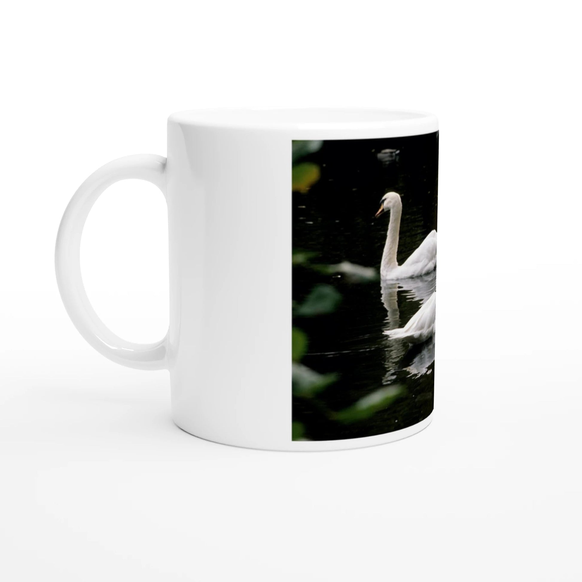 Two swans ceramic mug featuring a graceful swan design on a glossy white 11oz cup.