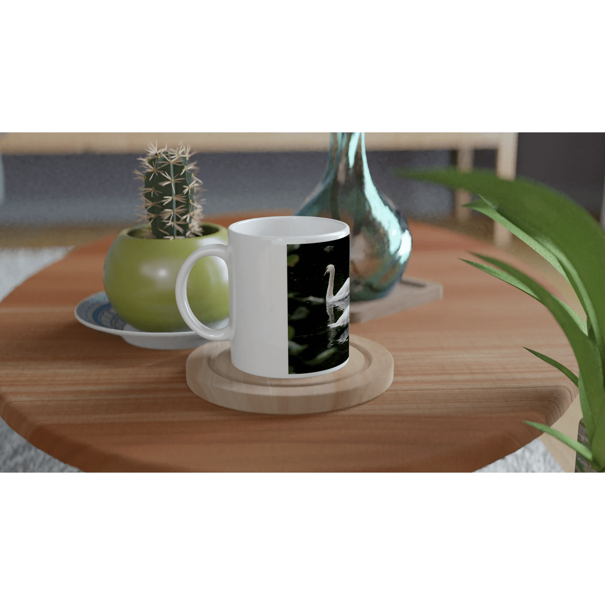 Two swans ceramic mug featuring a graceful swan design on a glossy white 11oz cup.