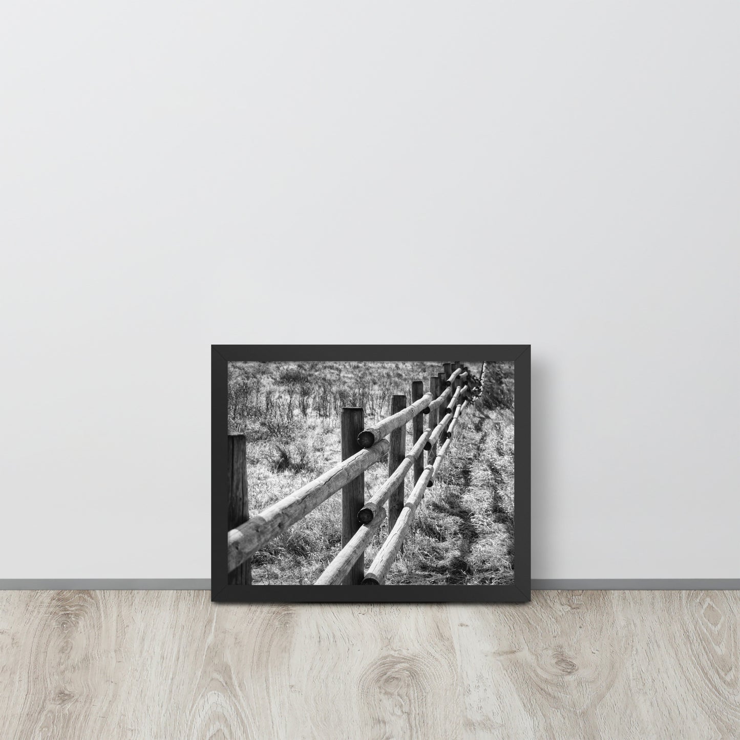 Glenbow Park Cochrane Alberta framed poster in Ayous wood frame; black-and-white fence along a grassy path.