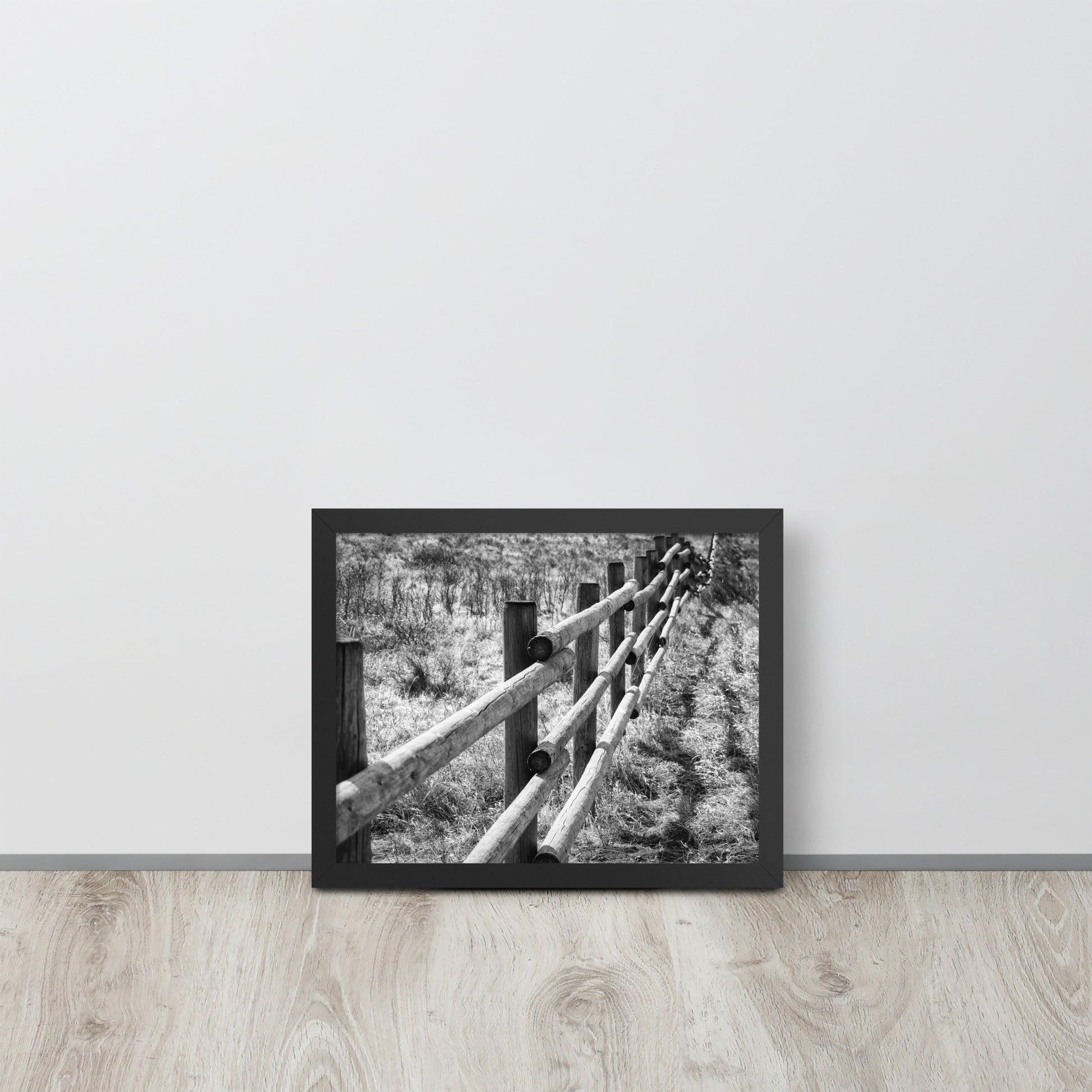 Glenbow Park Cochrane Alberta framed poster in Ayous wood frame; black-and-white fence along a grassy path.