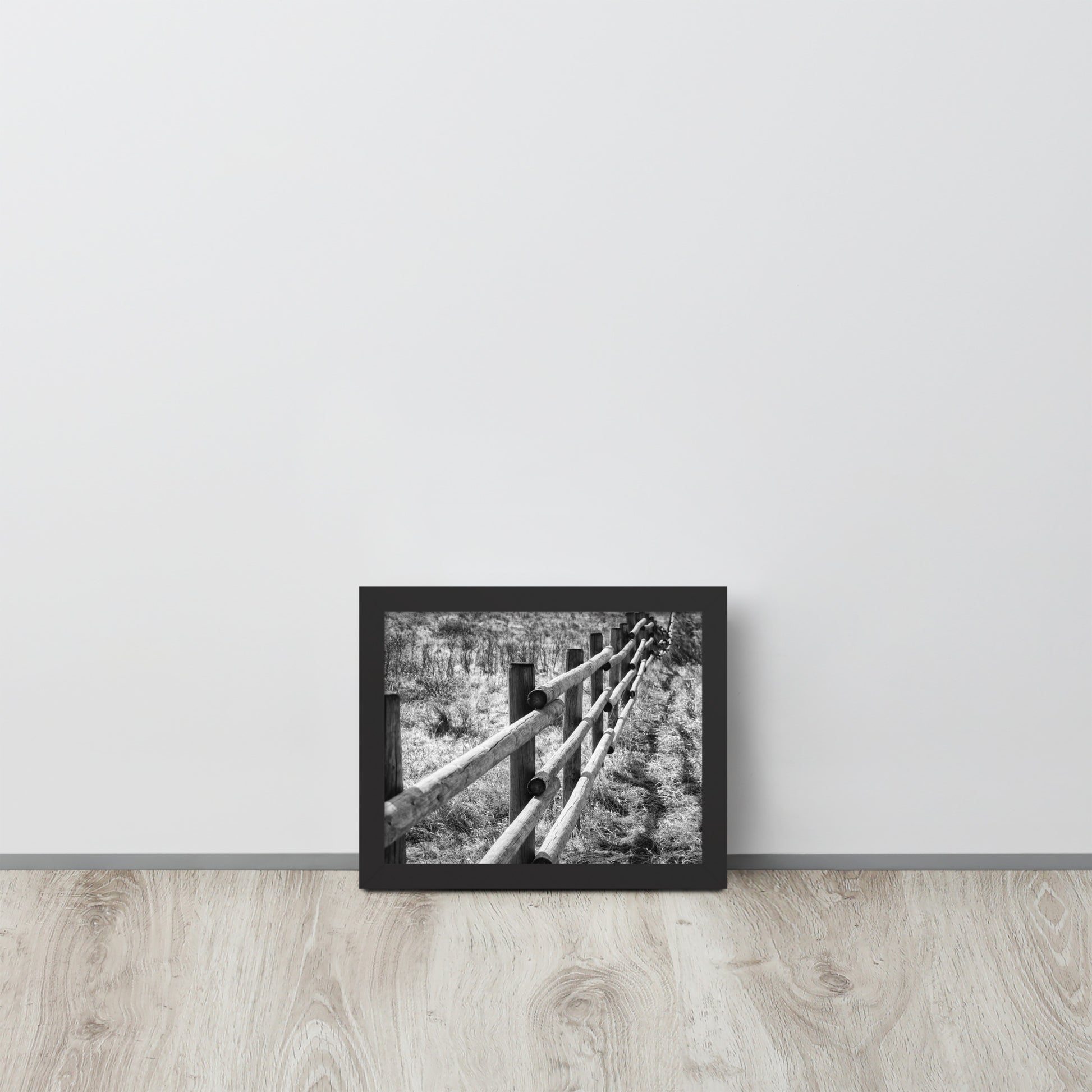 Glenbow Park Cochrane Alberta framed poster with premium Ayous wood frame; black-and-white fence scene.