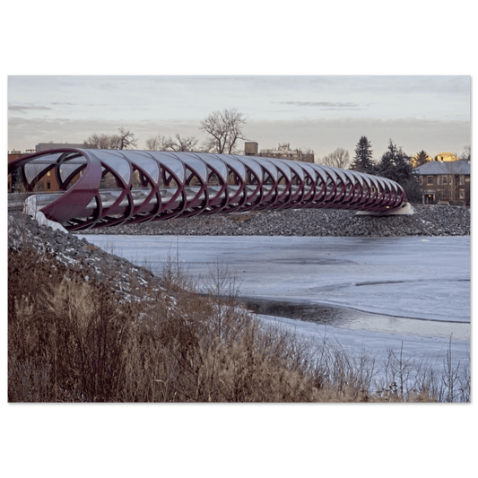 Peace Bridge Calgary poster featuring red modern architectural landmark