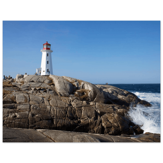 Peggy’s Cove Lighthouse poster featuring the iconic lighthouse on rocky shoreline overlooking the Atlantic Ocean.