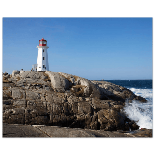Peggy’s Cove Lighthouse poster featuring the iconic lighthouse on rocky shoreline overlooking the Atlantic Ocean.